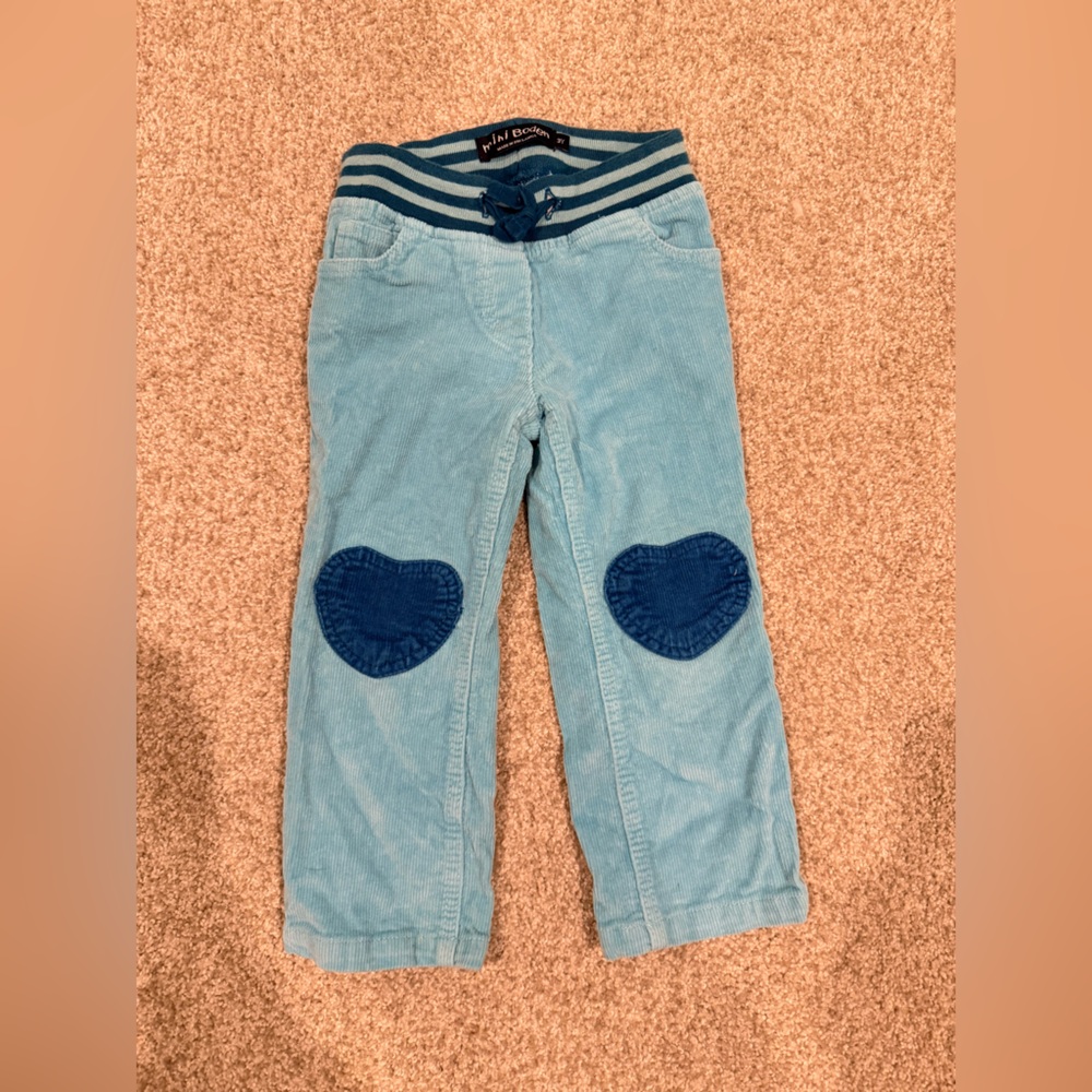 Mini Boden Blue corduroy pants with heart patches size 3